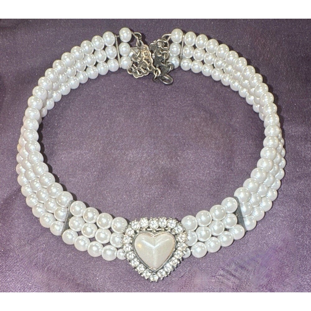 Multi Strand Faux Pearl Necklace Rhinestone Heart Statement Choker Vintage